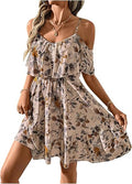 Women's Summer Floral Mini Dress Cold Shoulder Ruffle Dresses | Boho, Short Sleeve, A Line, Vacation, Sundress