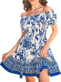 Women's Summer Off the Shoulder Dress Smocked Waist Mini Sundress with Pockets, Wedding Guest, Vacation, Garden Party