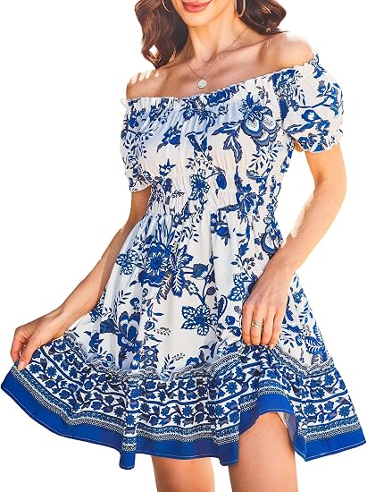 Women's Summer Off the Shoulder Dress Smocked Waist Mini Sundress with Pockets, Wedding Guest, Vacation, Garden Party